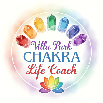 Villa Park Chakra Life Coach text with 7 colorful crystals above the text, in an arc like a rainbow. A colorful lotus flower is under the business name.